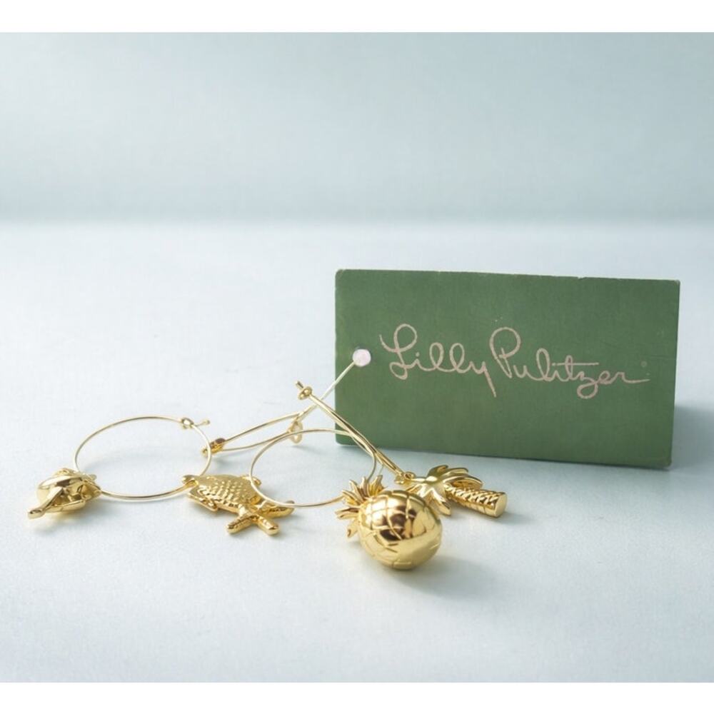 Lilly Pulitzer Gold Wine‎ Glass Charms Tropical Theme Set of 4